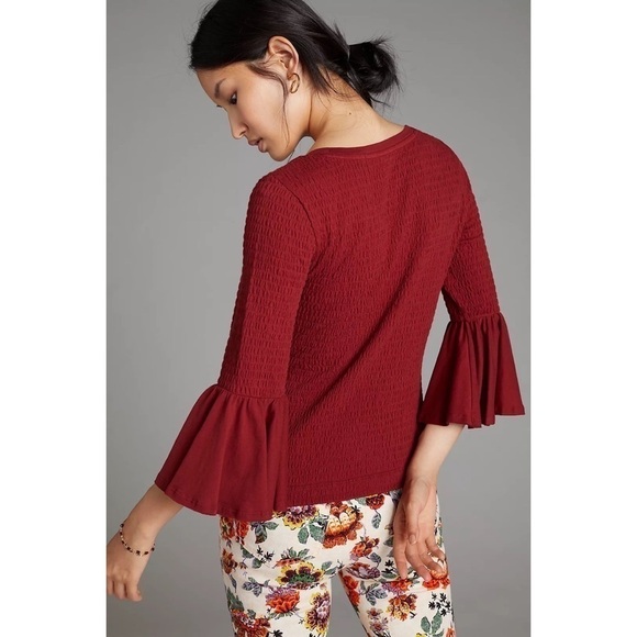 Anthropologie Blouse Smocked Bell-Sleeve Top Shirt in Wine M - Picture 2 of 12